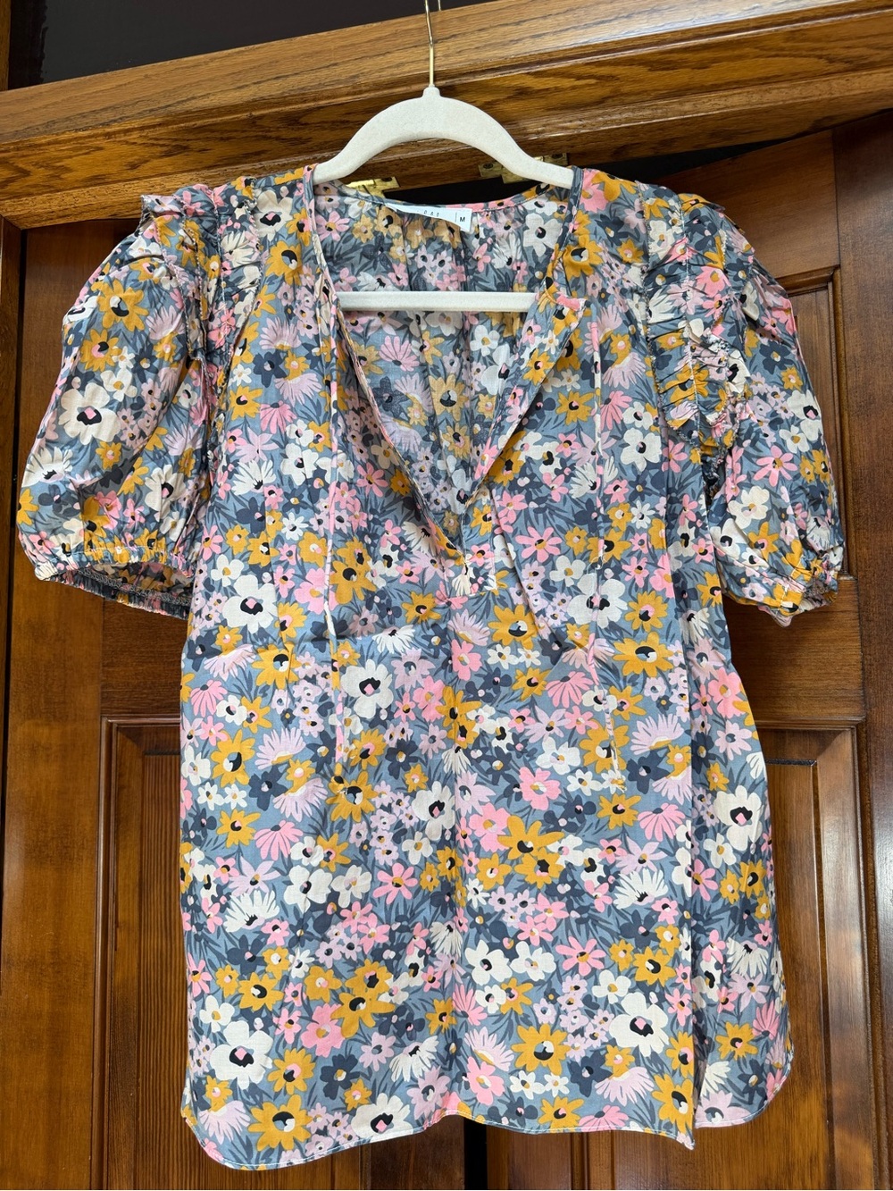 Shop Talulah Floral V-Neck Puff-Sleeve Blouse - Pink, Yellow & Gray